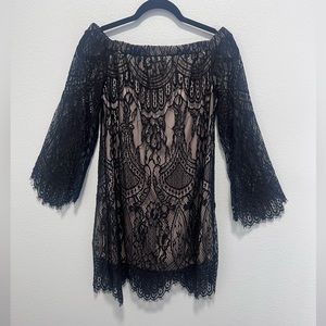 Love, fire Black and Tan Lace Long Sleeve Off The Shoulder Dress Size Small